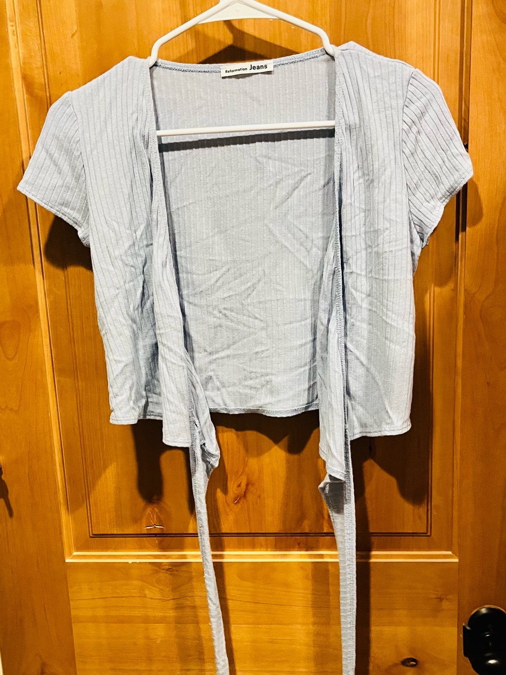 Reformation Light Blue Ribbed Short Sleeve Tie-Front Top